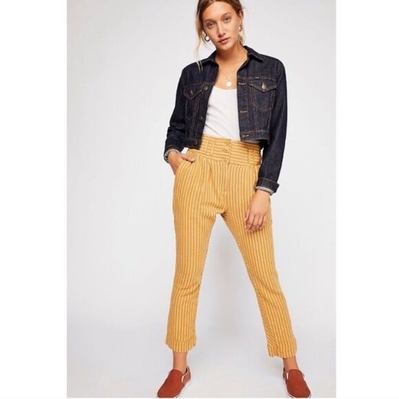 Free People Yellow High Waist Woven Striped Button Front Crop Pants Sz 2 - Picture 1 of 8